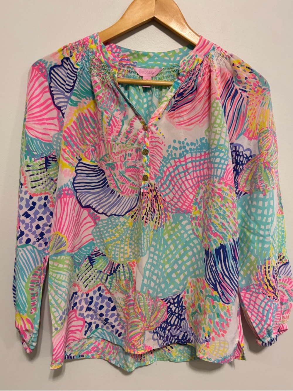 Lilly Pulitzer Elsa Long-Sleeve Silk Blouse with Gold | Size XS